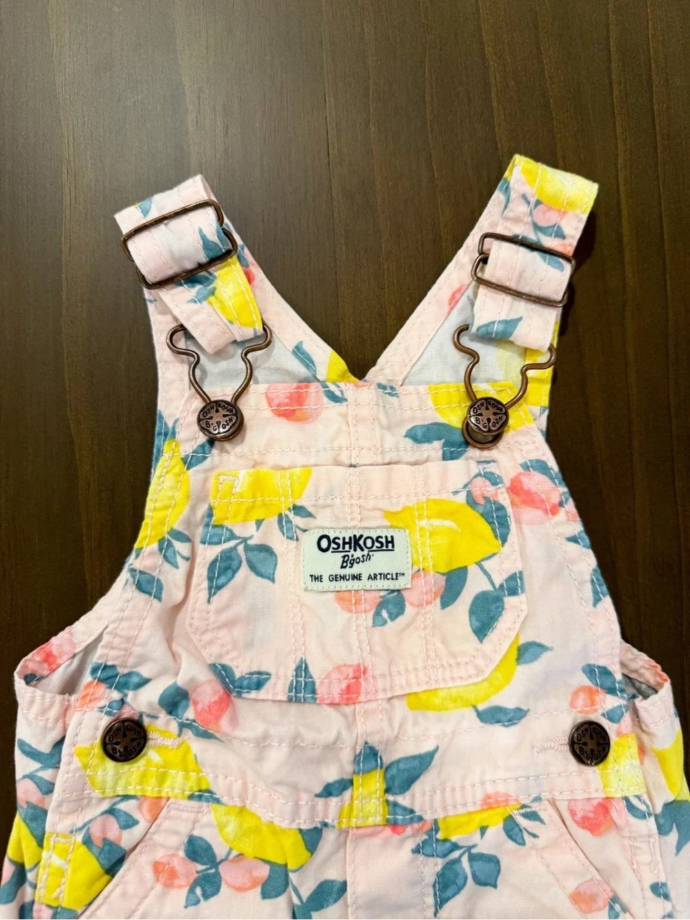 OshKosh B'gosh Baby Girl 6M Pink Floral Lemon 100% Cotton Shortalls Adjustable